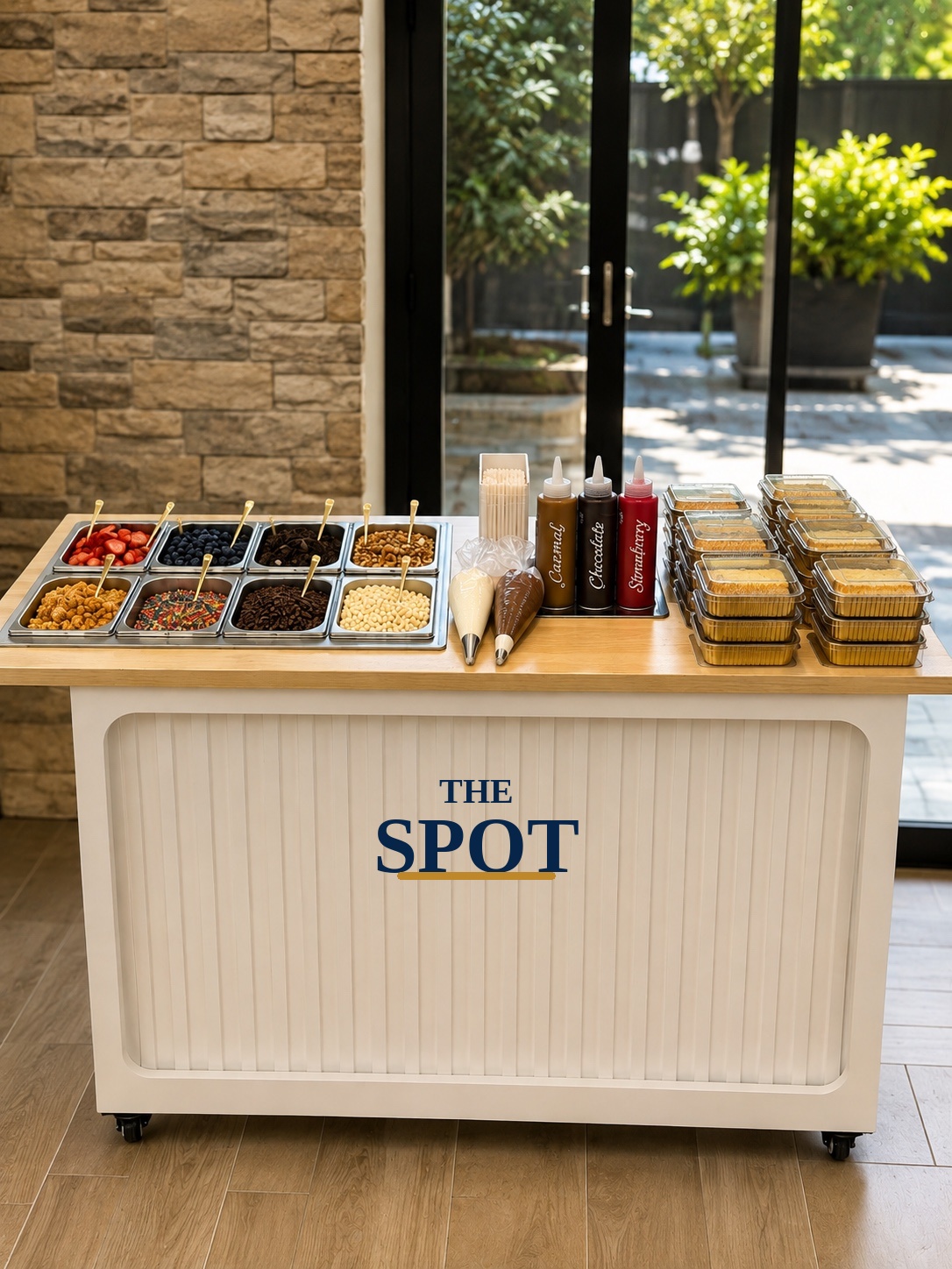 The Spot dessert cart set up indoors with toppings, sauces and prepared mini cakes