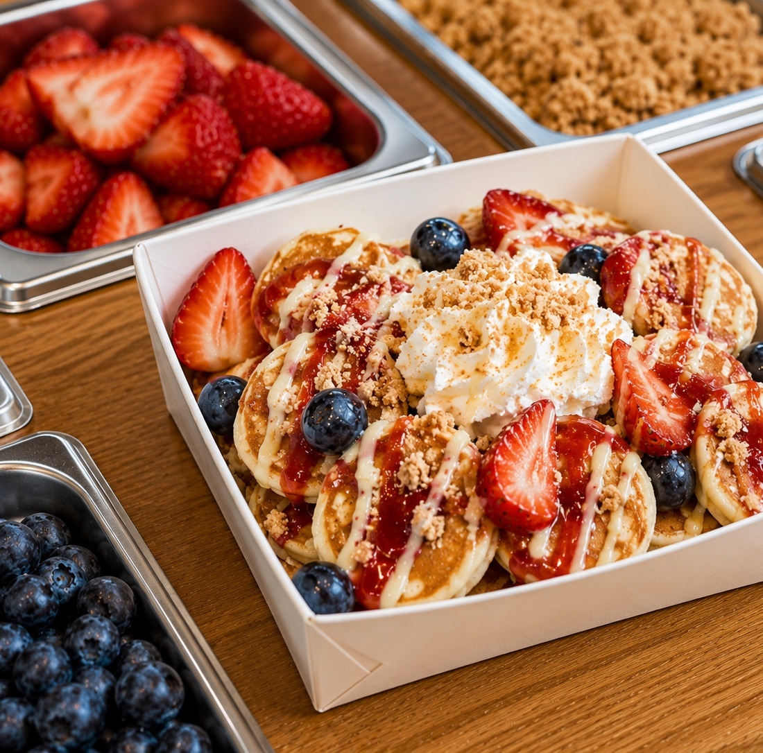 Mini pancakes dressed with strawberries, blueberries, sauce and crumble