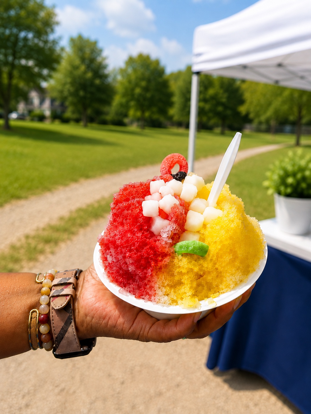 Bright red and yellow premium shave ice with toppings